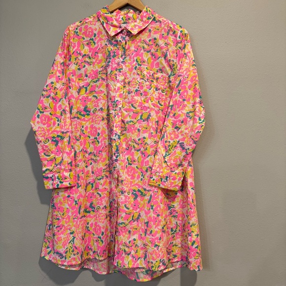 Mudpie Collins Neon Floral Print Cover Up Button Down Shirt Dress High Low S - Picture 2 of 10